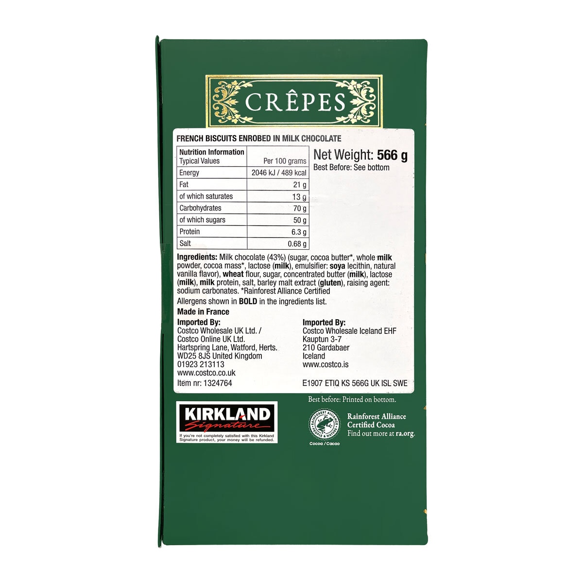 Kirkland Signature Milk Chocolate Crêpes, 566g in Green Box