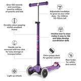 Micro Maxi Deluxe LED Purple Scooter with Small Pink Helmet and Unicorn Lunch Bag (5+ Years) 