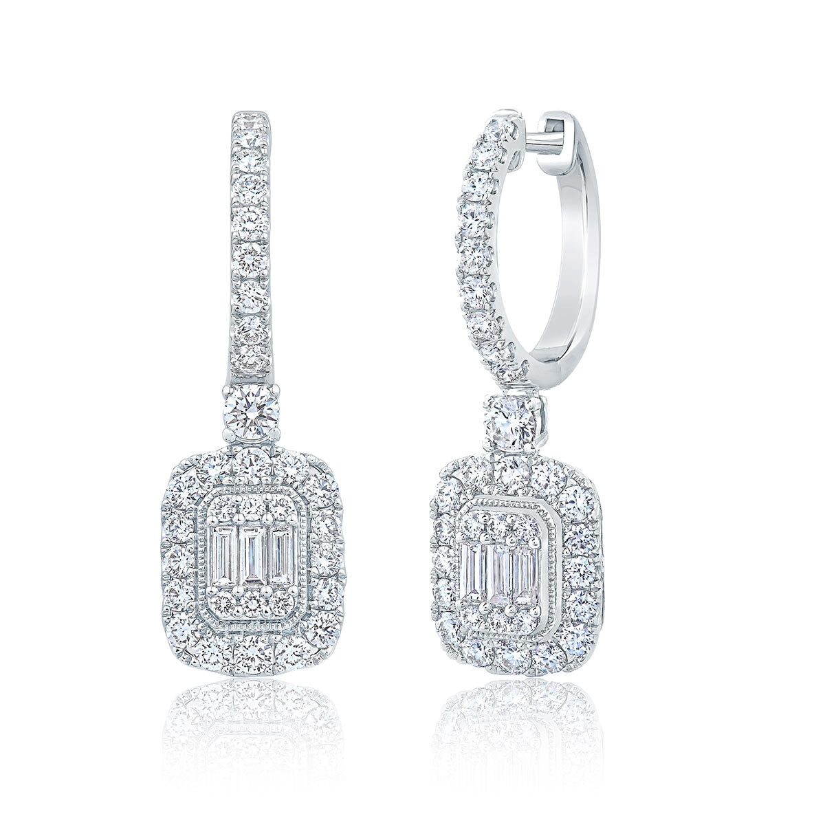 1.50ctw Round Brilliant & Baguette Cut Diamond Earrings, 14ct White Gold