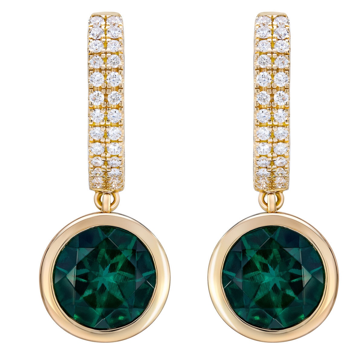 Lab Created Emerald & 0.17ctw Diamond Earrings, 14ct Yellow Gold