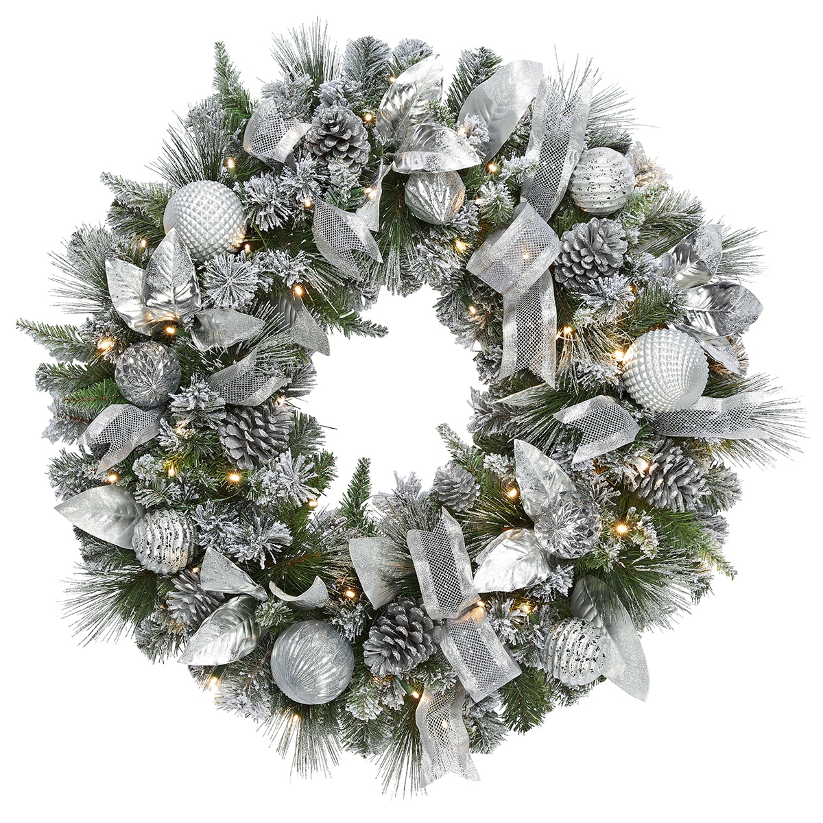 Silver decorated wreath on White background with lights