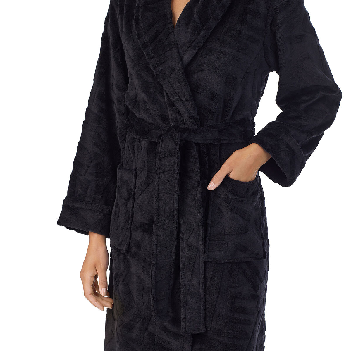 DKNY Shawl Collar Long Plush Robe in Black, Small