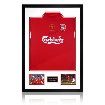 Steven Gerrard Signed 2005 Liverpool Framed Shirt, including 2 Photos