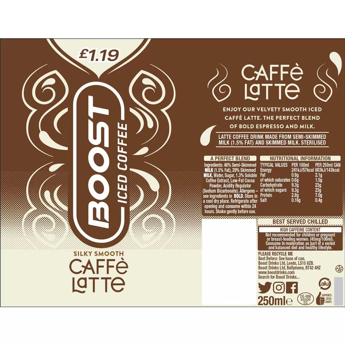 Boost Caffè Latte Iced Coffee PMP £1.19, 12 x 250ml