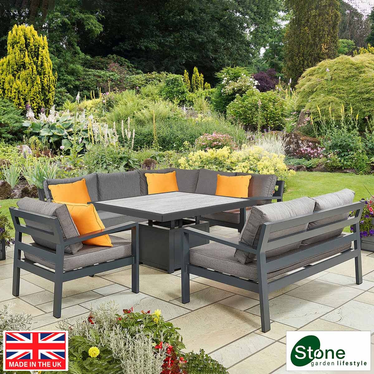 Stone Garden 4 Piece Deep Seating Corner Patio Set with Dual Height Ceramic Table in Grey