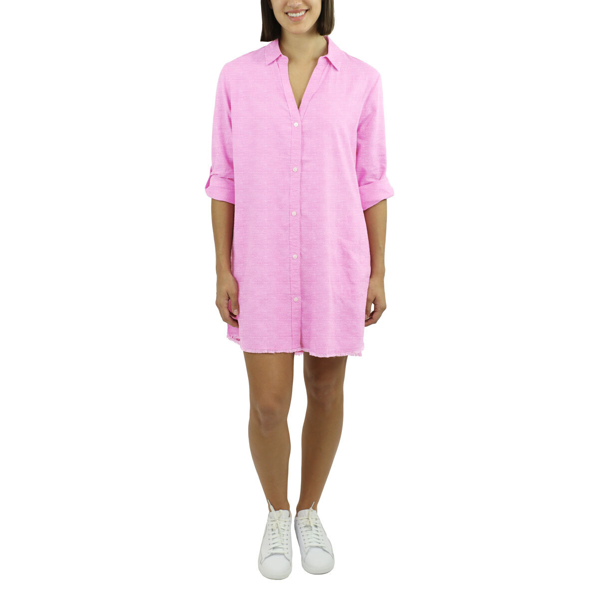 Jachs Ladies Roll Sleeve Linen Blend Stress in Pink