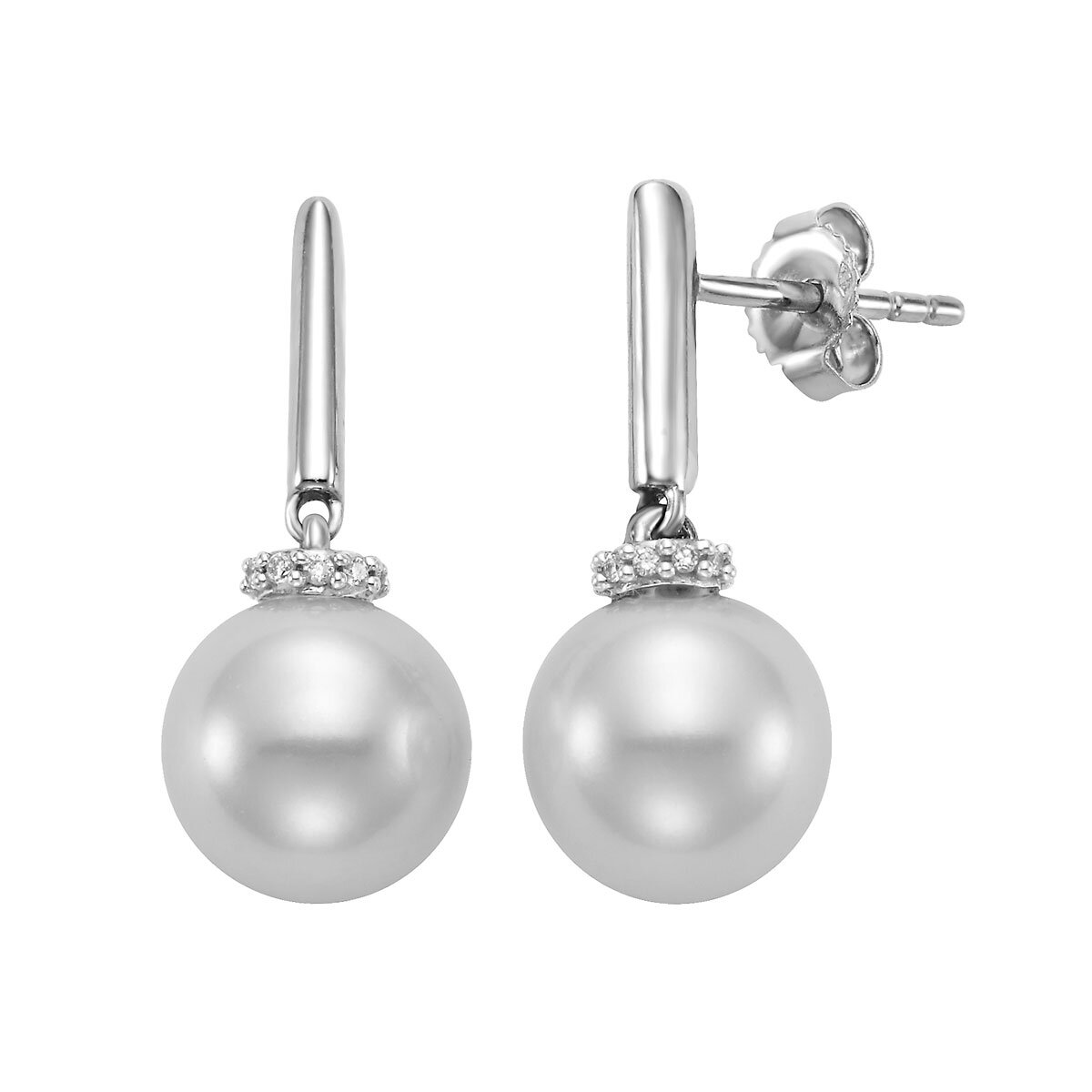 9-10mm Cultured Freshwater White Pearl & 0.06ctw Diamond Earrings, 14ct White Gold