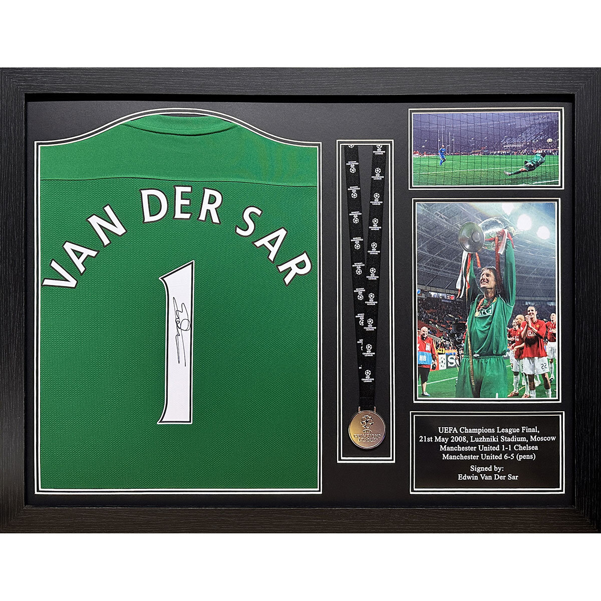 Edwin Van Der Sar Signed Nike Goalkeeper Shirt with Champions League Medal