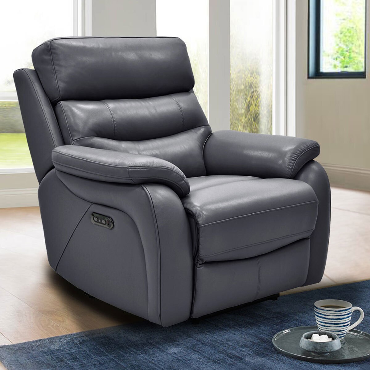 Fletcher Blue Leather Power Recliner Armchair with Power Headrest ...