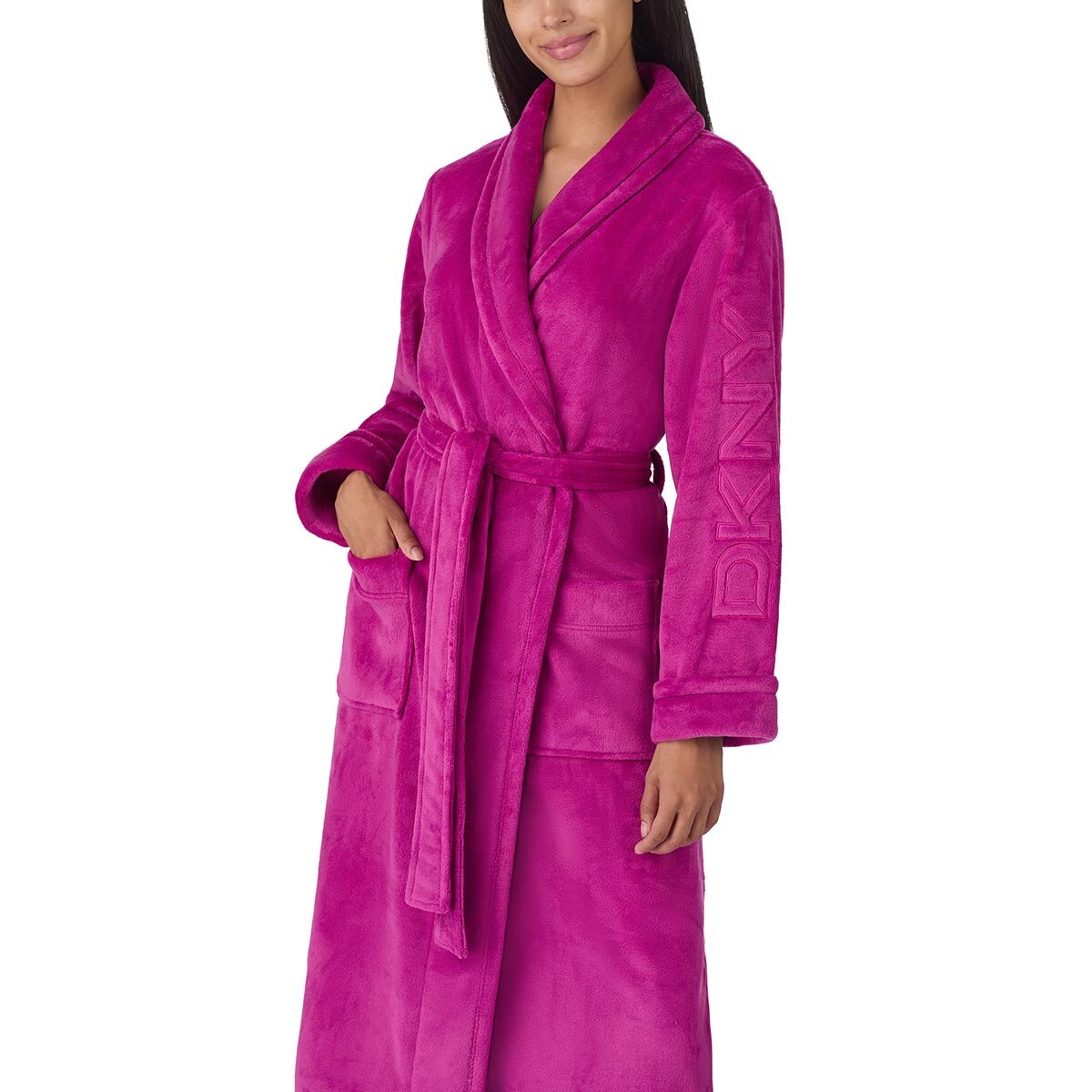 DKNY Shawl Collar Long Plush Robe in Magenta