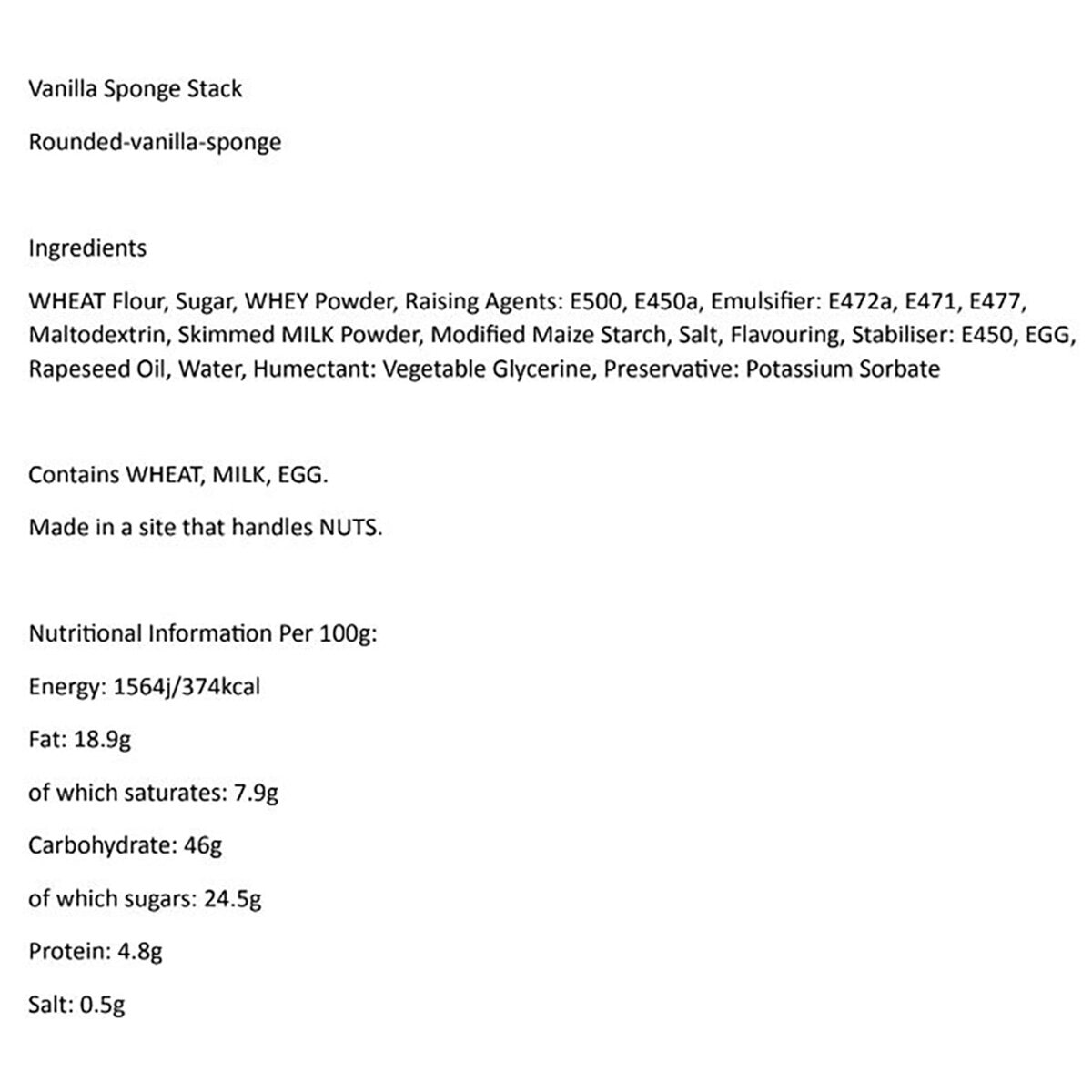 Vanilla Sponge Nutritional Information