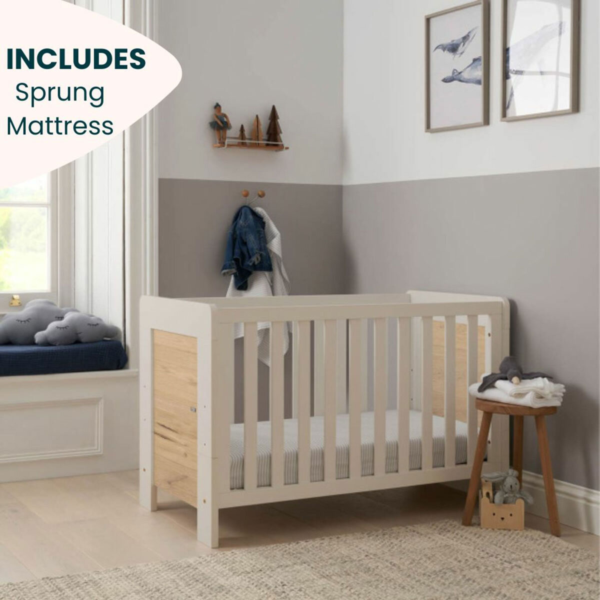 Tutti Bambini Alba Mini Cot Bed with Sprung Mattress, White & Distressed Oak