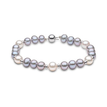 6-7mm Cultured Freshwater Grey & White Pearl and Gold Bead Bracelet, 18ct White Gold