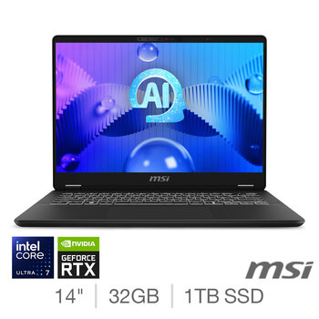 MSI Prestige, Intel Core Ultra 7, 32GB RAM, 1TB SSD, NVIDIA GeForce RTX 4050, 14 Inch Laptop, 9S7-14N211-002