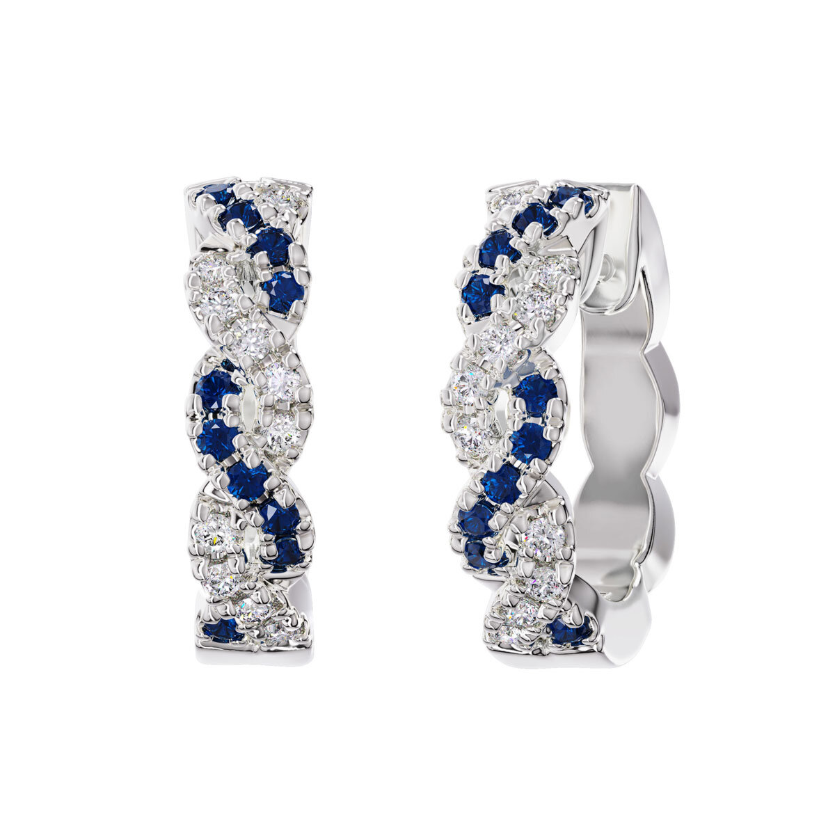 Round Cut Blue Sapphire & 0.18ctw Diamond Hoop Earrings,