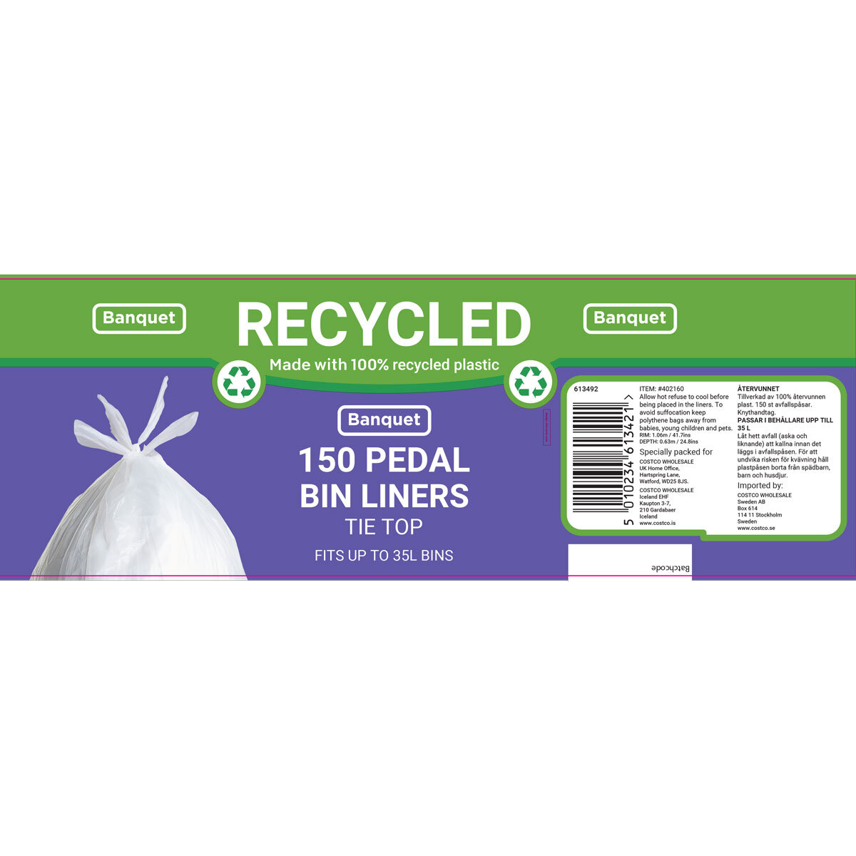 Banquet Recycled Tie Top Pedal Bin Liners, 150 Pack