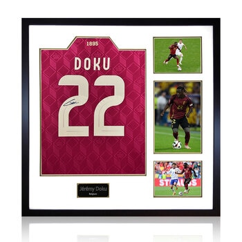 Jeremy Doku Signed Belgium Framed Shirt, including 3 Photos