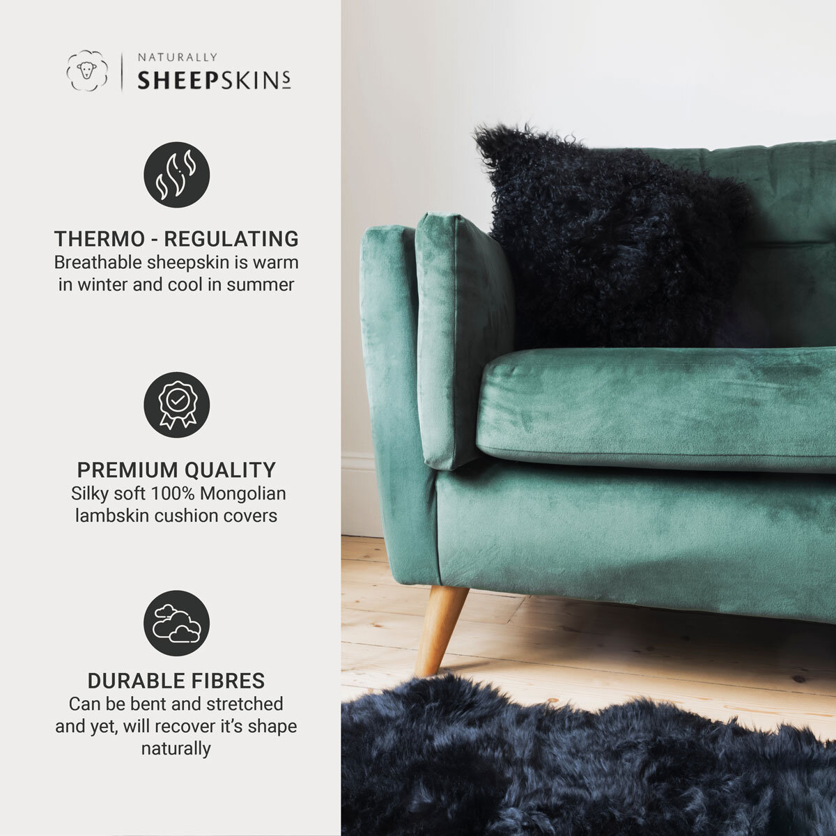 Naturally Sheepskins Mongolian Cushion, 50 x 50 cm in Black