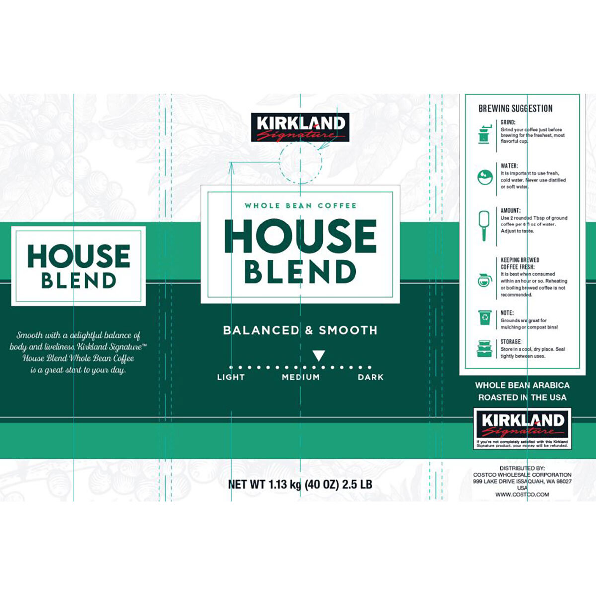 Kirkland Signature Whole Bean Coffee House Blend, 1.13kg