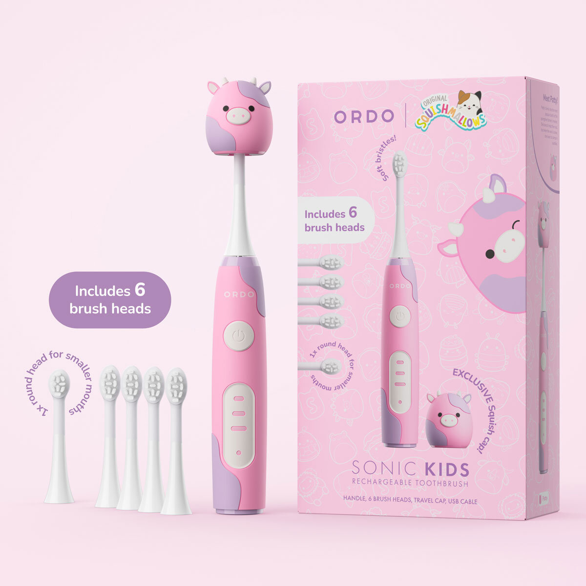 Ordo Squishmallows Patty The Cow Rechargeable Kids Toothbrush & 6 Brush Heads