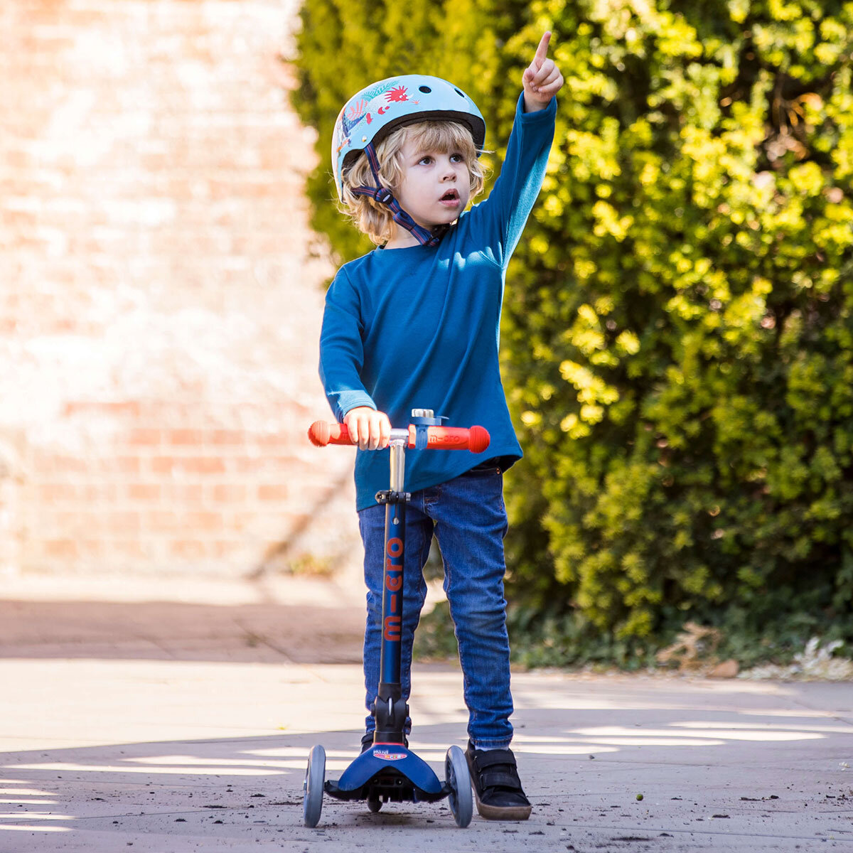 Micro Mini Foldable Navy Scooter with Small Dino Helmet and Blue Bell (2+ Years)