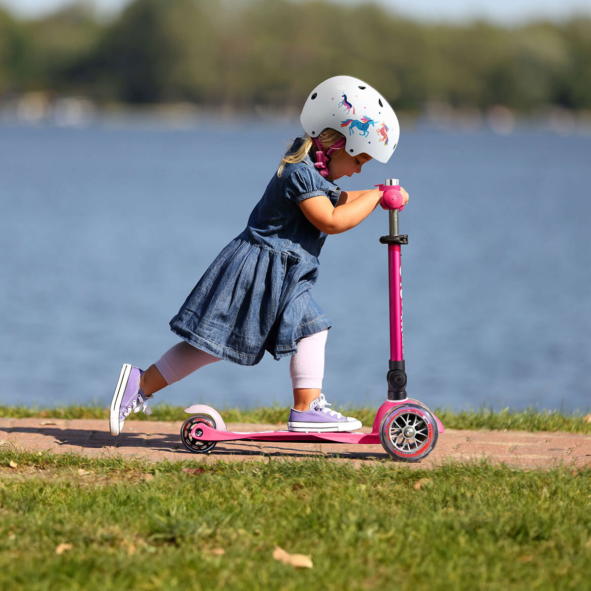 Micro Mini Foldable Pink Scooter with Small Unicorn Helmet and Pink Bell (2+ Years) 