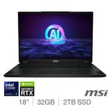 MSI Stealth, Intel Core Ultra 9, 32GB RAM, 2TB SSD, NVIDIA GeForce RTX 4080, 18 Inch Gaming Laptop, 9S7-183111-002