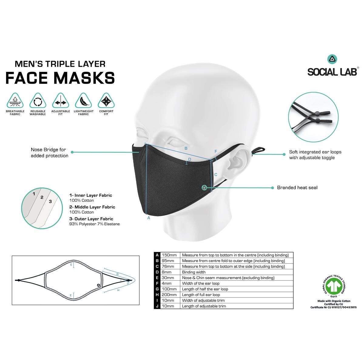 Social Lab Triple Layer Men's Reusable Face Masks, 4 Pack