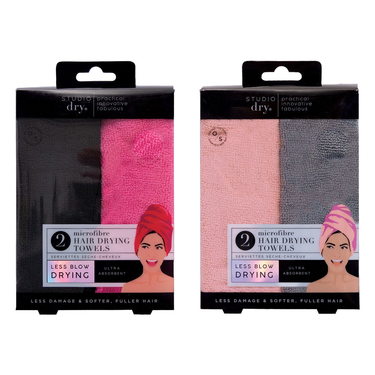 Danielle Creations, Turban Hair Towels, 2x2 Pack Pink & Black Packed