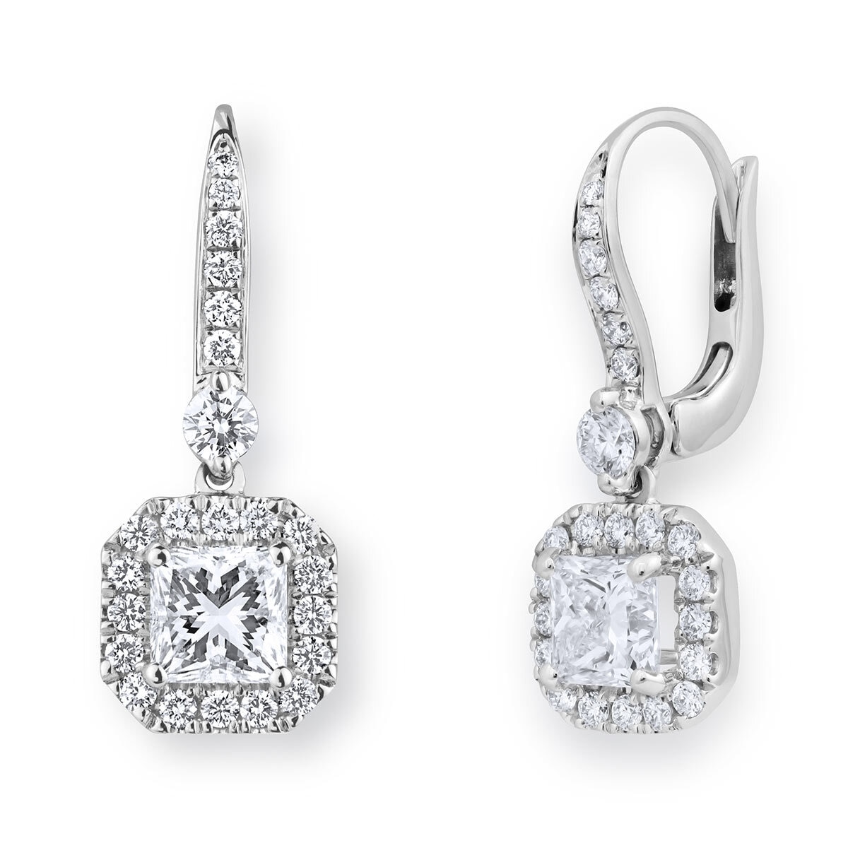 2.00ctw Princess & Round Brilliant Cut Diamond Halo Earring, 18ct White Gold