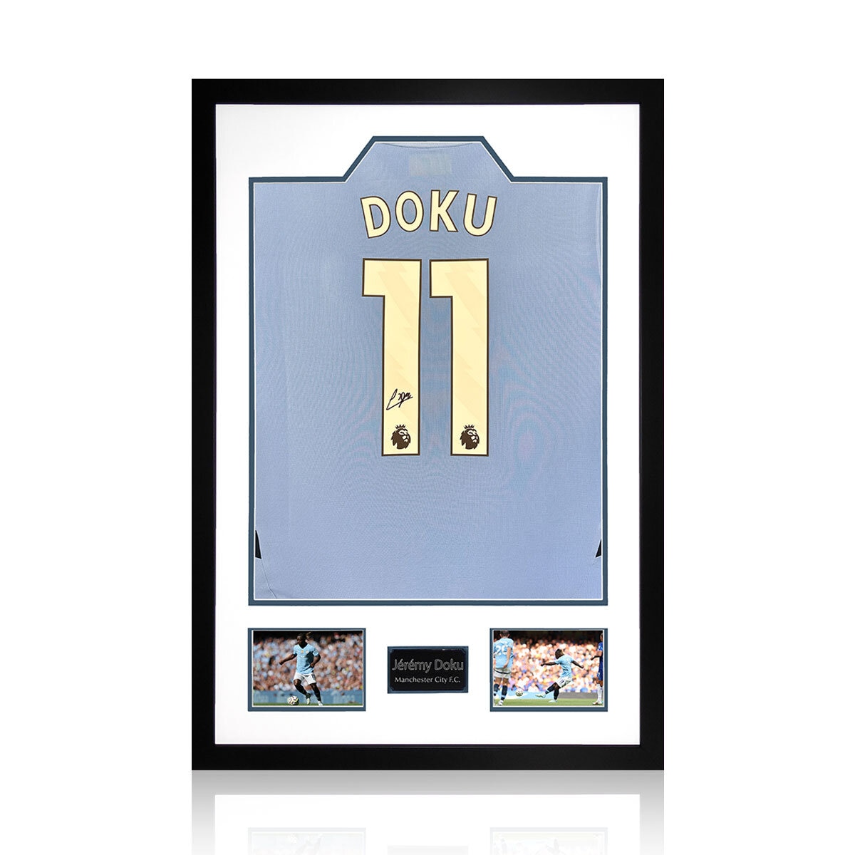 Jeremy Doku MCFC 24/25 Signed Framed Shirt, including 2 Photos