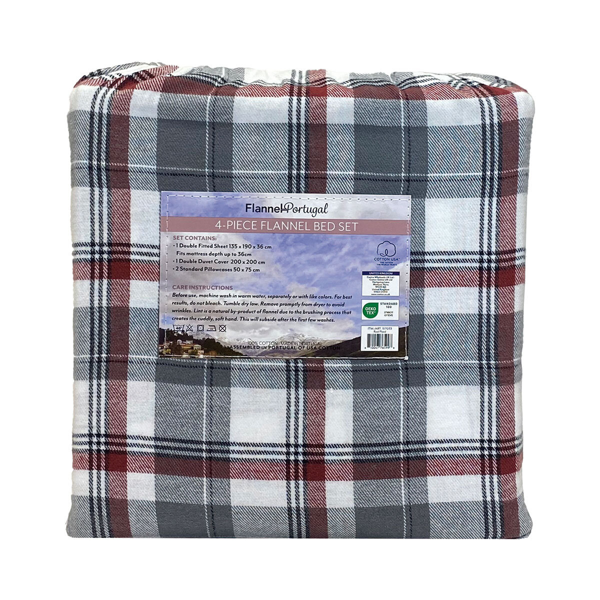 Portuguese Flannel Cotton 4 Piece Double Duvet Set, Red Plaid