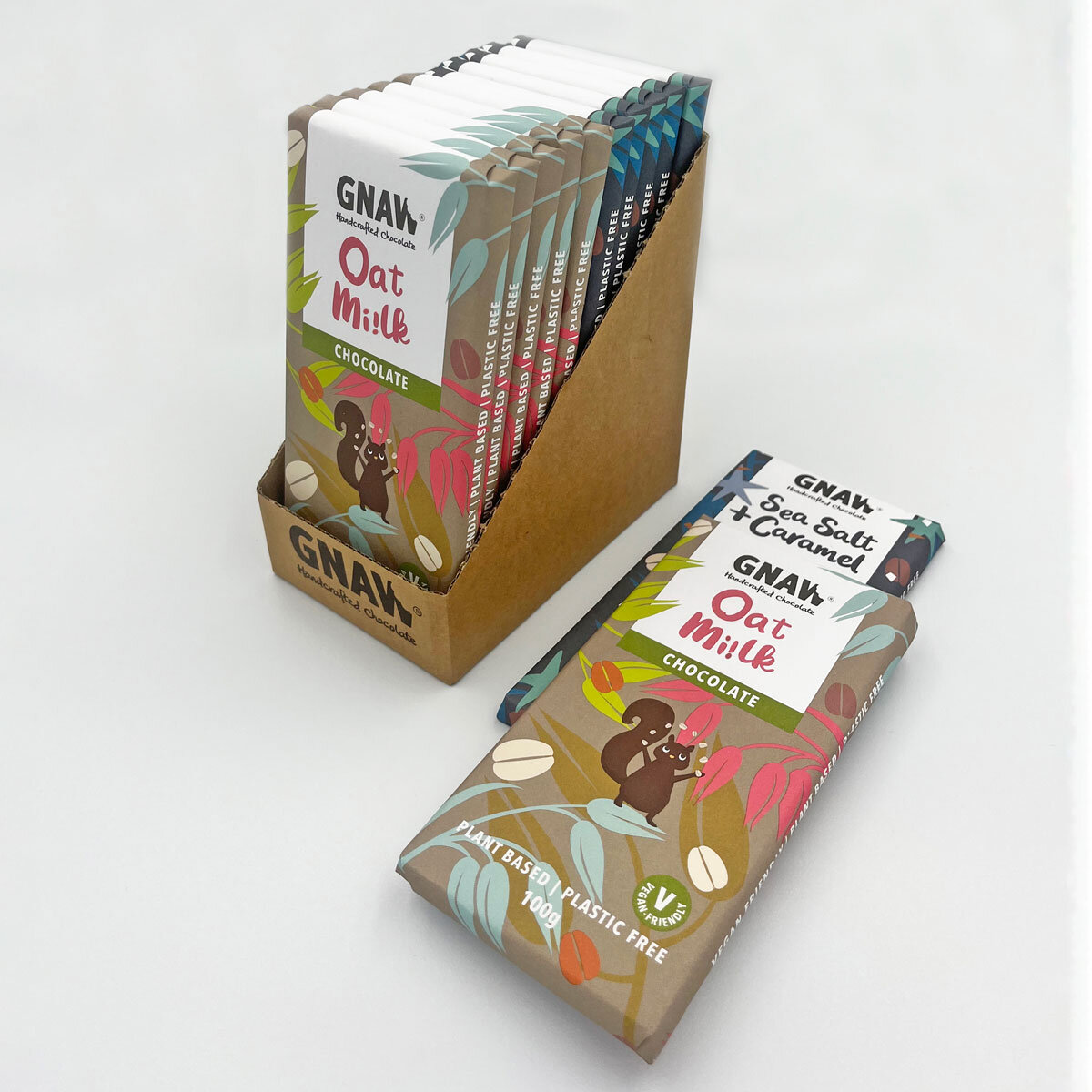 Gnaw Oat Mylk Chocolate and Sea Salt + Caramel Oat Mylk Chocolate Bars, 12 x 100g