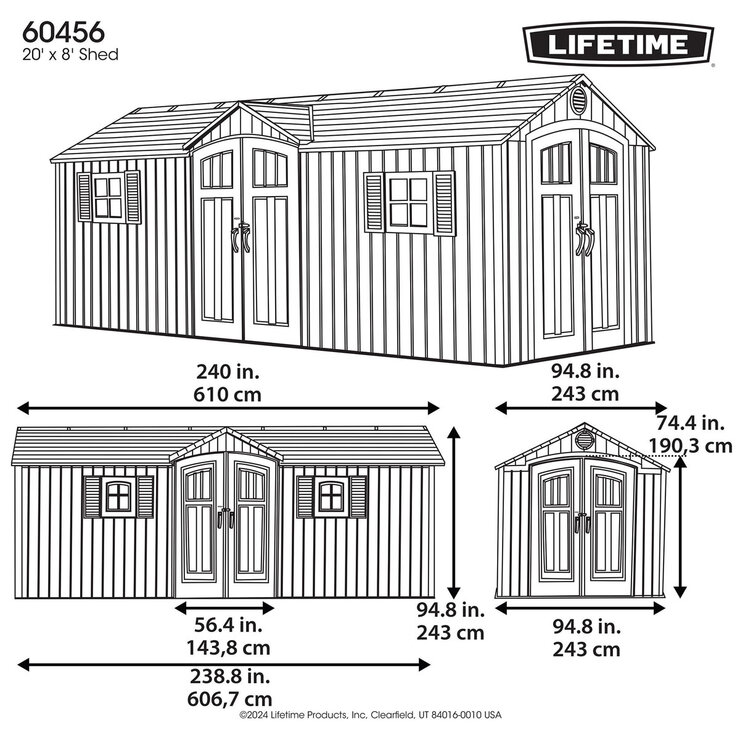 Lifetime 20ft x 8ft (6 x 2.4m) Rough Cut Dual Entry Outdoor Storage Shed - Model 60456 Lifetime 20ft x 8ft (6 x 2.4m) Rough Cut Dual Entry Outdoor Storage Shed - Model 60456