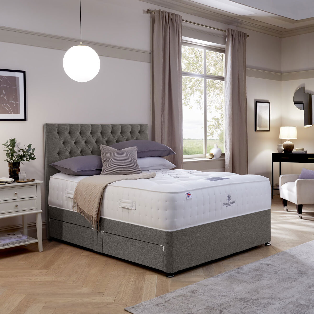 Pocket Spring Bed Company Mulberry Mattress & Pebble Grey Divan with 4 Drawers in 3 Sizes