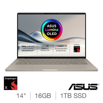 ASUS Zenbook A14 Copilot+ PC, Snapdragon X, 16GB RAM, 1TB SSD, 14 Inch OLED Laptop, UX3407QA-QD244W ASUS Zenbook A14 Copilot+ PC, Snapdragon X, 16GB RAM, 1TB SSD, 14 Inch OLED Laptop, UX3407QA-QD244W