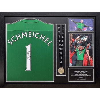 Peter Schmeichel Signed Framed Nike Goalkeeper Shirt with Champions League Medal