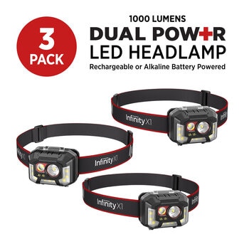 Infinity X1 1000L Dual Power Rechargeable Headlamp 3 pack