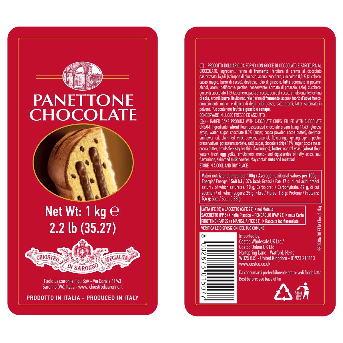 Lazzaroni Chiostro Di Saronno Chocolate Panettone, 1kg