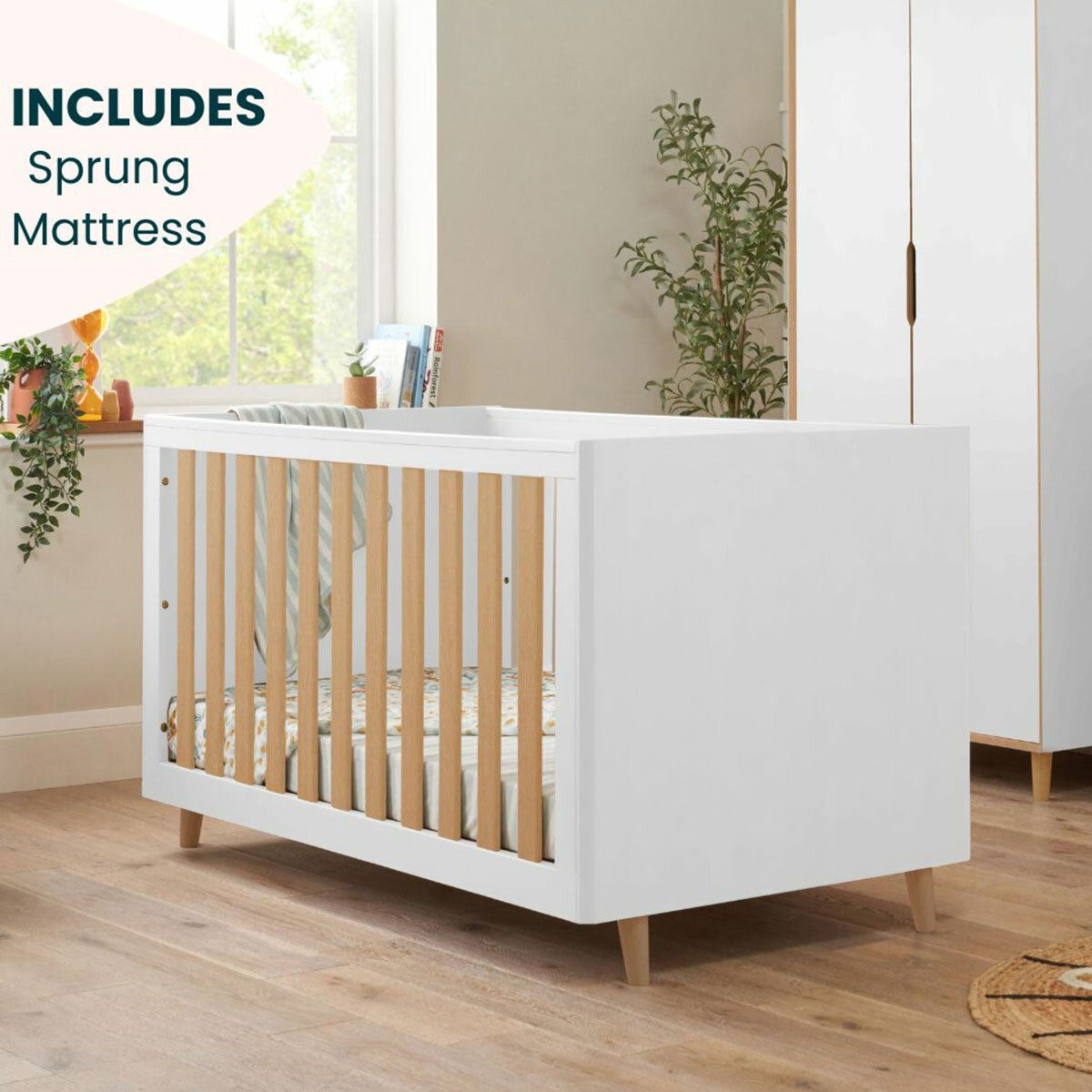 Tutti Bambini Fika Cot Bed with Sprung Mattress, White & Light Oak