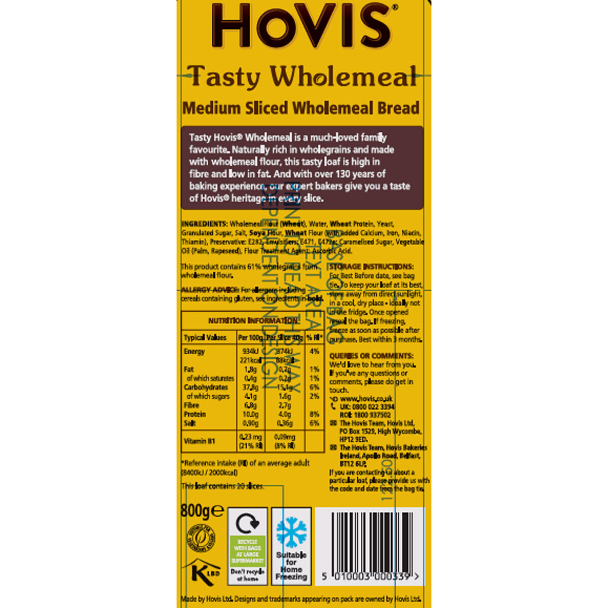 Hovis Medium Wholemeal Sliced, 800g