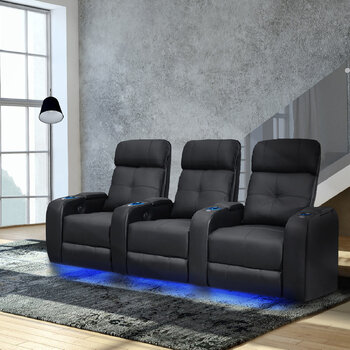 Valencia Verona Row of 3 Black Leather Power Reclining Home Theatre Seating