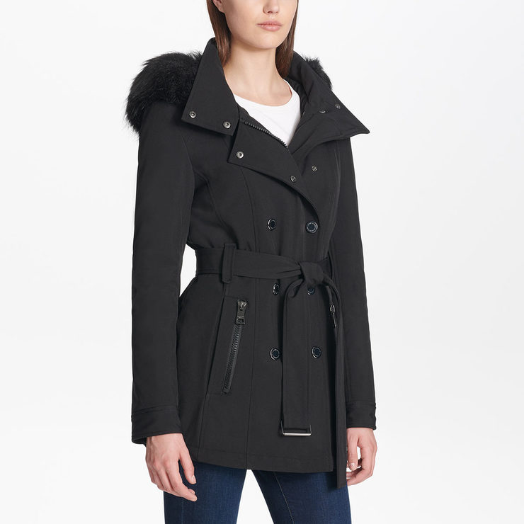 Andrew Marc Women's Softshell Jacket with Faux Fur Trim Hood in Black ...
