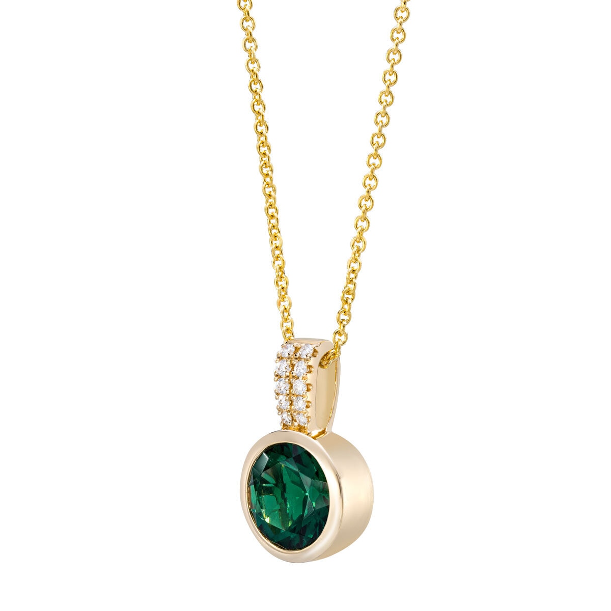 Round Cut Lab Emerald & 0.04ctw Diamond Pendant 14ct Yellow Gold