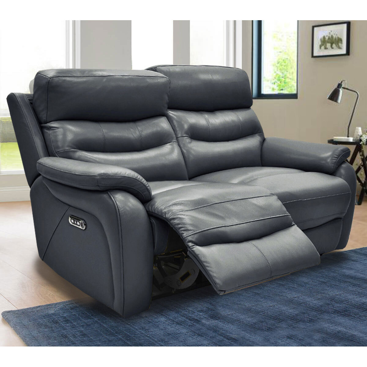 Fletcher Blue Leather Power Reclining 2 Seater Sofa with Power Headrest ...