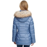 Andrew Marc Women's Short Down Jacket with Faux Fur Trim Hood in Dusk Blue