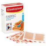 1 box of Elastoplast Fabric Plasters with plasters in front of the box