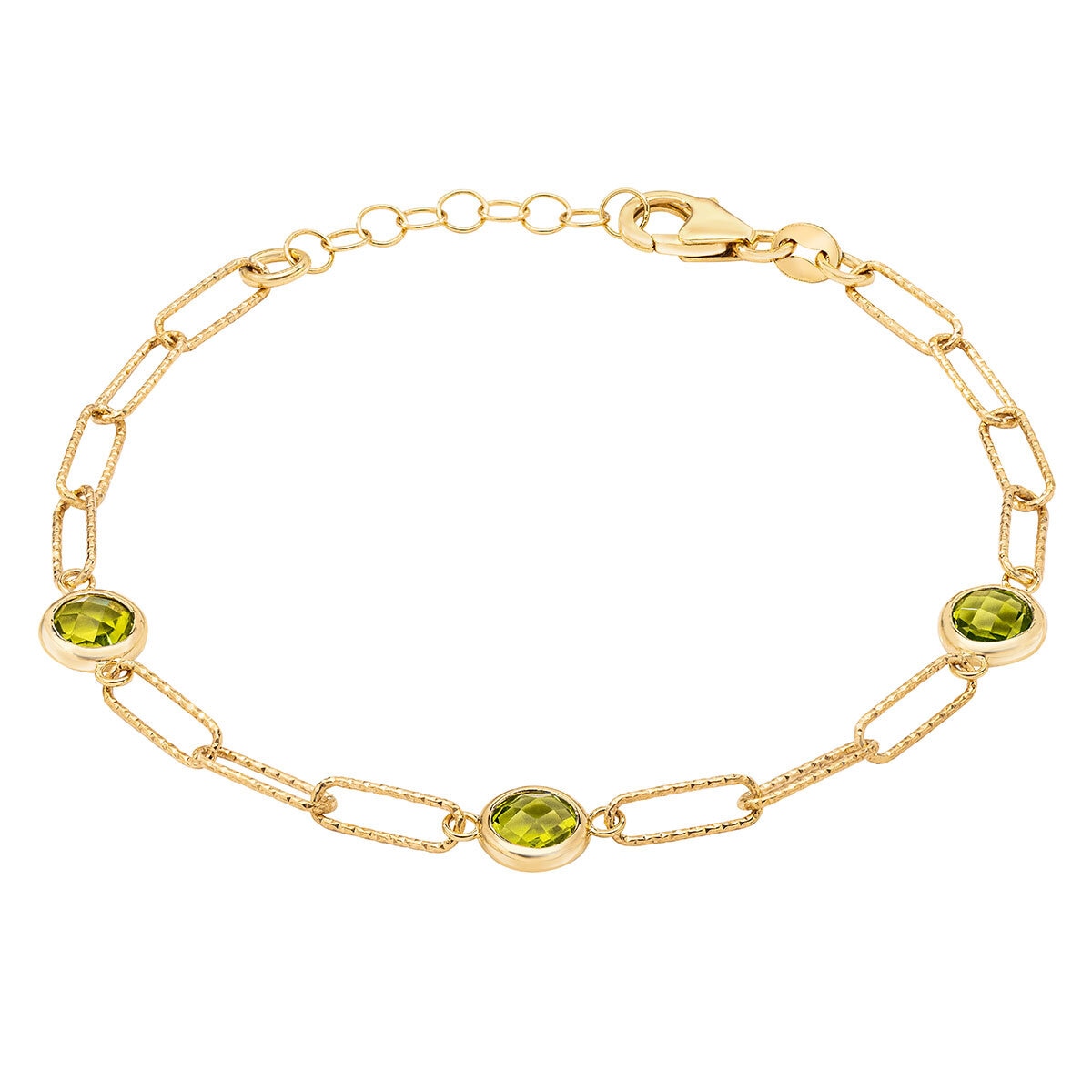 Round Cut Peridot Paperclip Bracelet, 14ct Yellow Gold