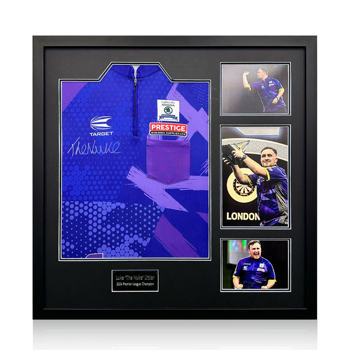 Luke Littler 2023/24 Signed Framed Shirt, including 3 Photos