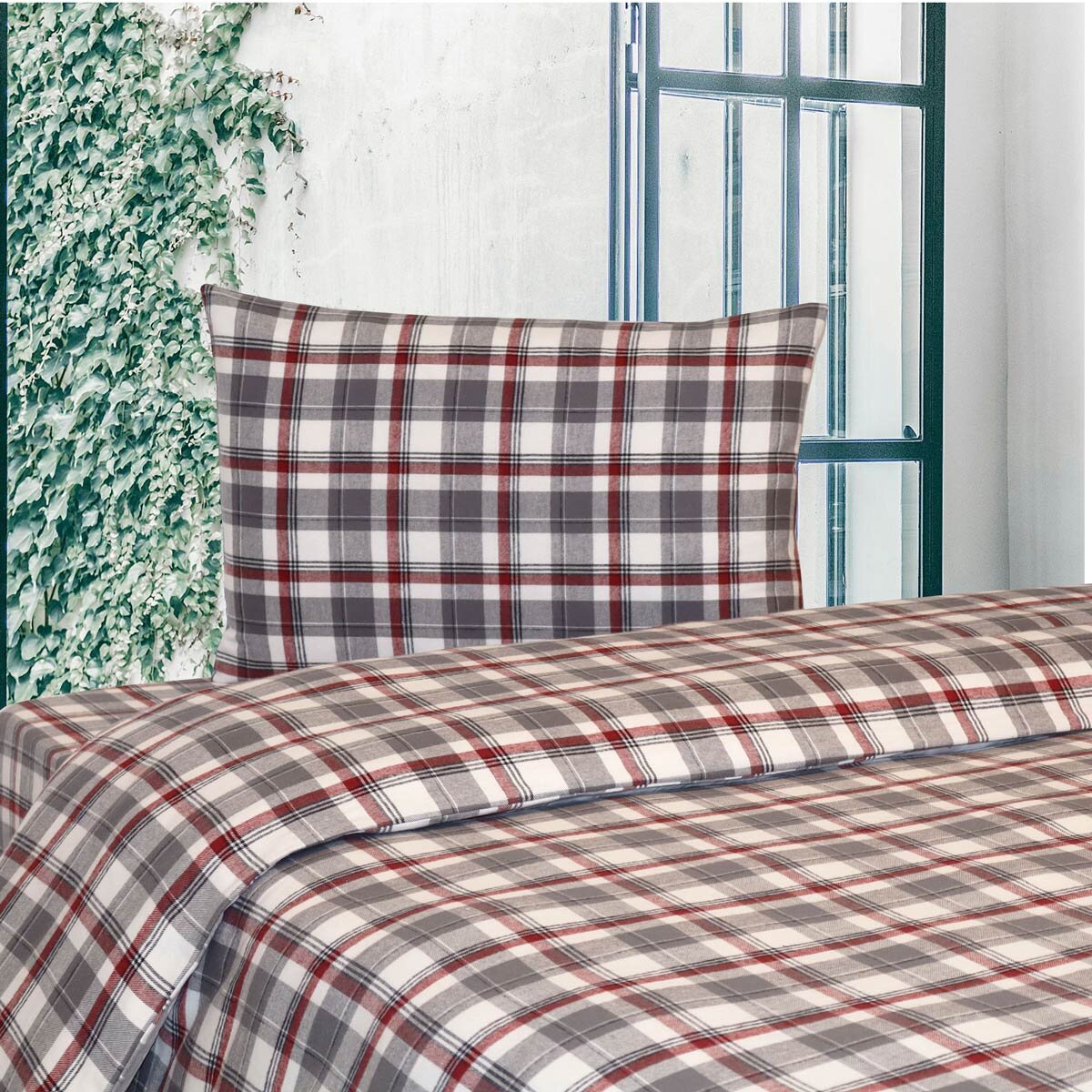 Portuguese Flannel Cotton 3 Piece Single Duvet Set, Red Plaid